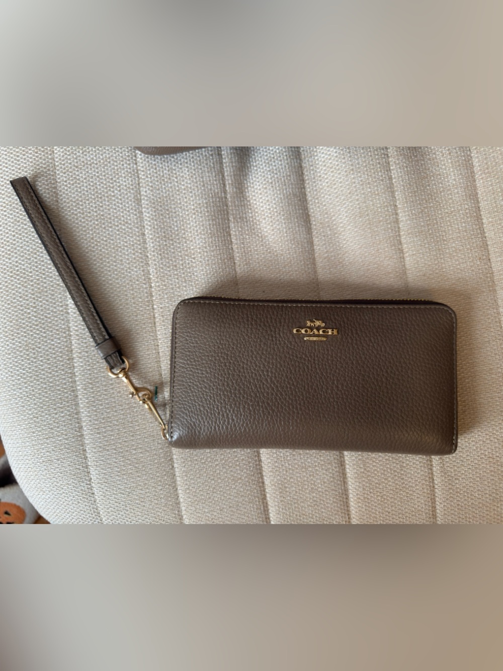Coach Taupe Pebbled Leather Wristlet Wallet with Gold Hardware